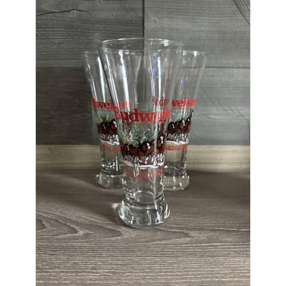 Set Of 3 Budweiser King Of Beers Clydesdales Christmas Pilsner Glasses